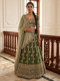 Olive Green Zari Embroidered Booti Lehenga Choli with Contrast Dupatta