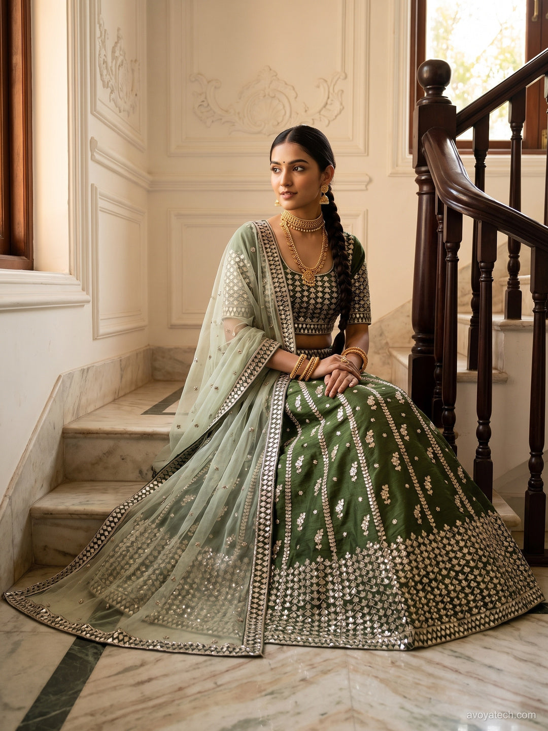 Olive Green Zari Embroidered Booti Lehenga Choli with Contrast Dupatta