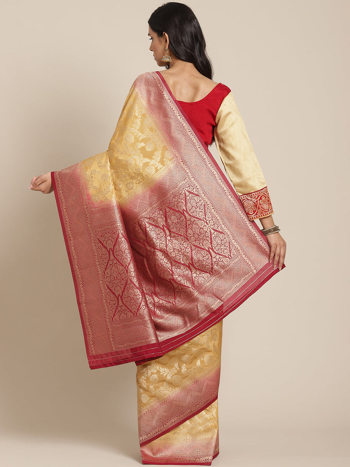 Kanjeevaram Handloom Silk Saree with Zari and Resham Weaving in Floral Ethnic Pattern