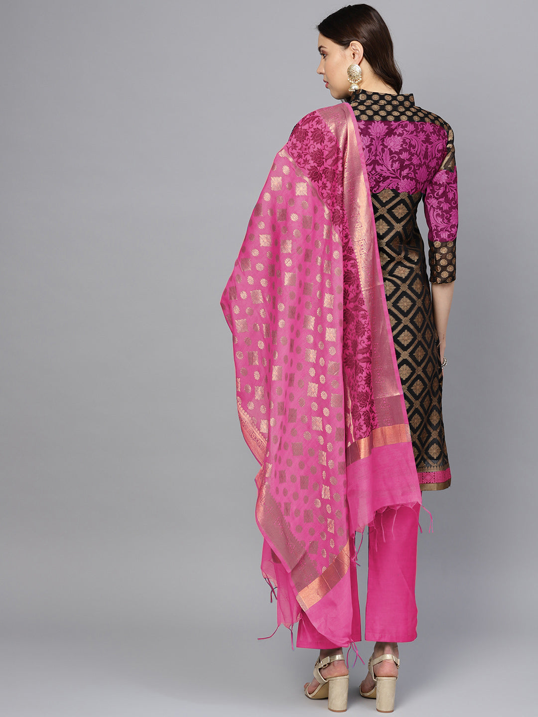 Unstitched Pink Banarasi Suit with Zari Resham Weaving and dupatta