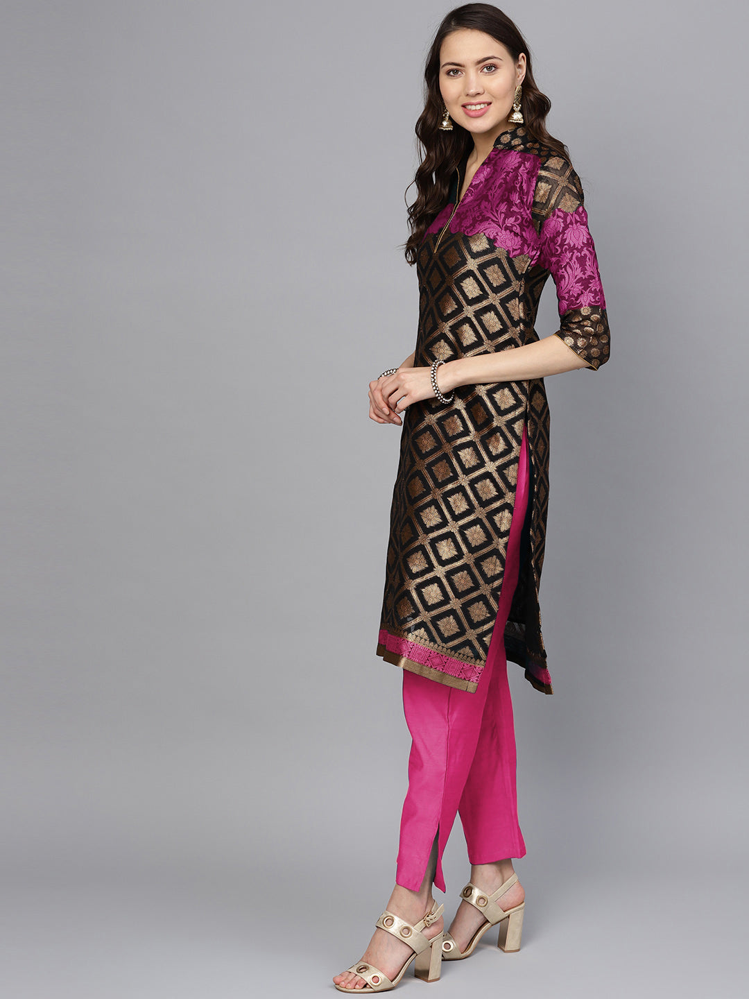 Unstitched Pink Banarasi Suit with Zari Resham Weaving and dupatta