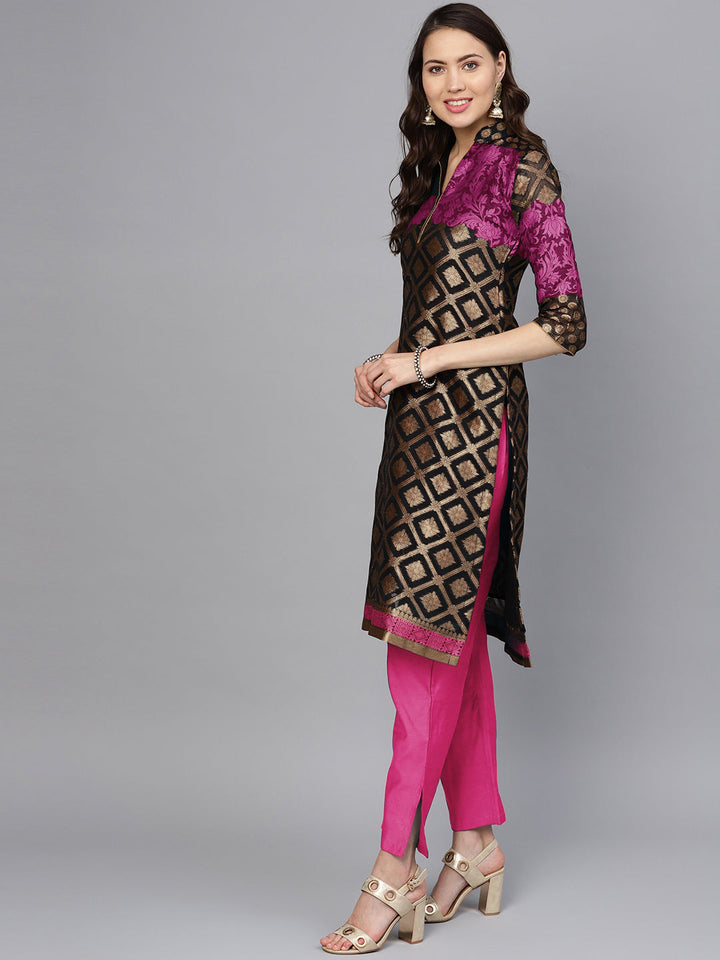 Unstitched Pink Banarasi Suit with Zari Resham Weaving and dupatta