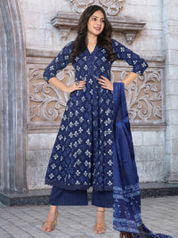 Navy Blue Flared Kurta Palazzo Dupatta Set With Floral Block Print