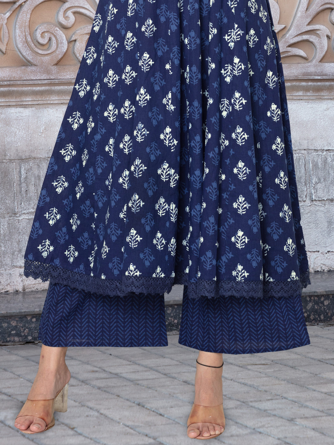 Navy Blue Flared Kurta Palazzo Dupatta Set With Floral Block Print