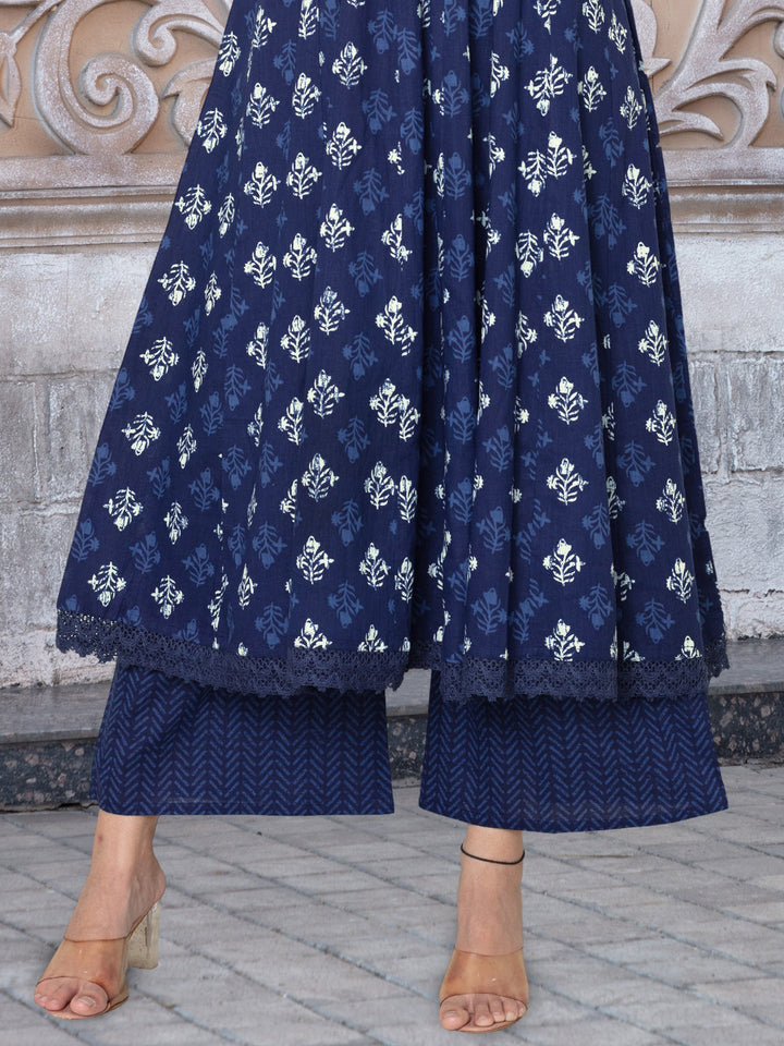 Navy Blue Flared Kurta Palazzo Dupatta Set With Floral Block Print