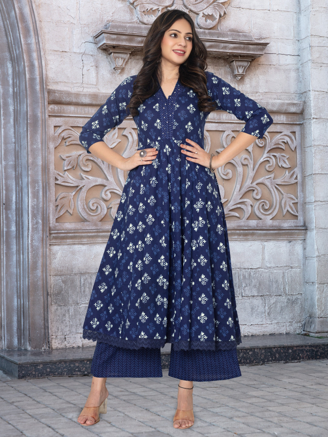 Navy Blue Flared Kurta Palazzo Dupatta Set With Floral Block Print