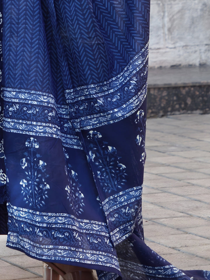 Navy Blue Flared Kurta Palazzo Dupatta Set With Floral Block Print