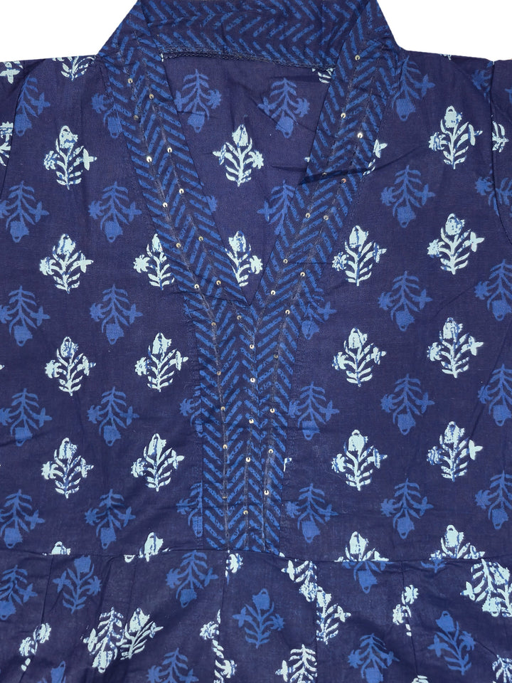 Navy Blue Flared Kurta Palazzo Dupatta Set With Floral Block Print