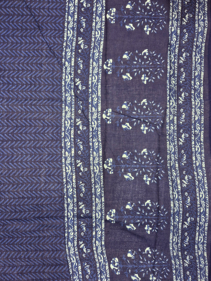 Navy Blue Flared Kurta Palazzo Dupatta Set With Floral Block Print