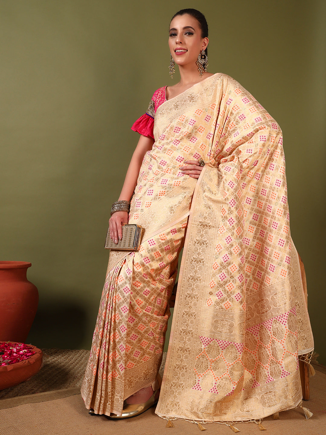 Chhabra 555 Banarasi Handloom Gharchola Saree with Golden Zari Meenakari Weaving & Jhalar Pallu