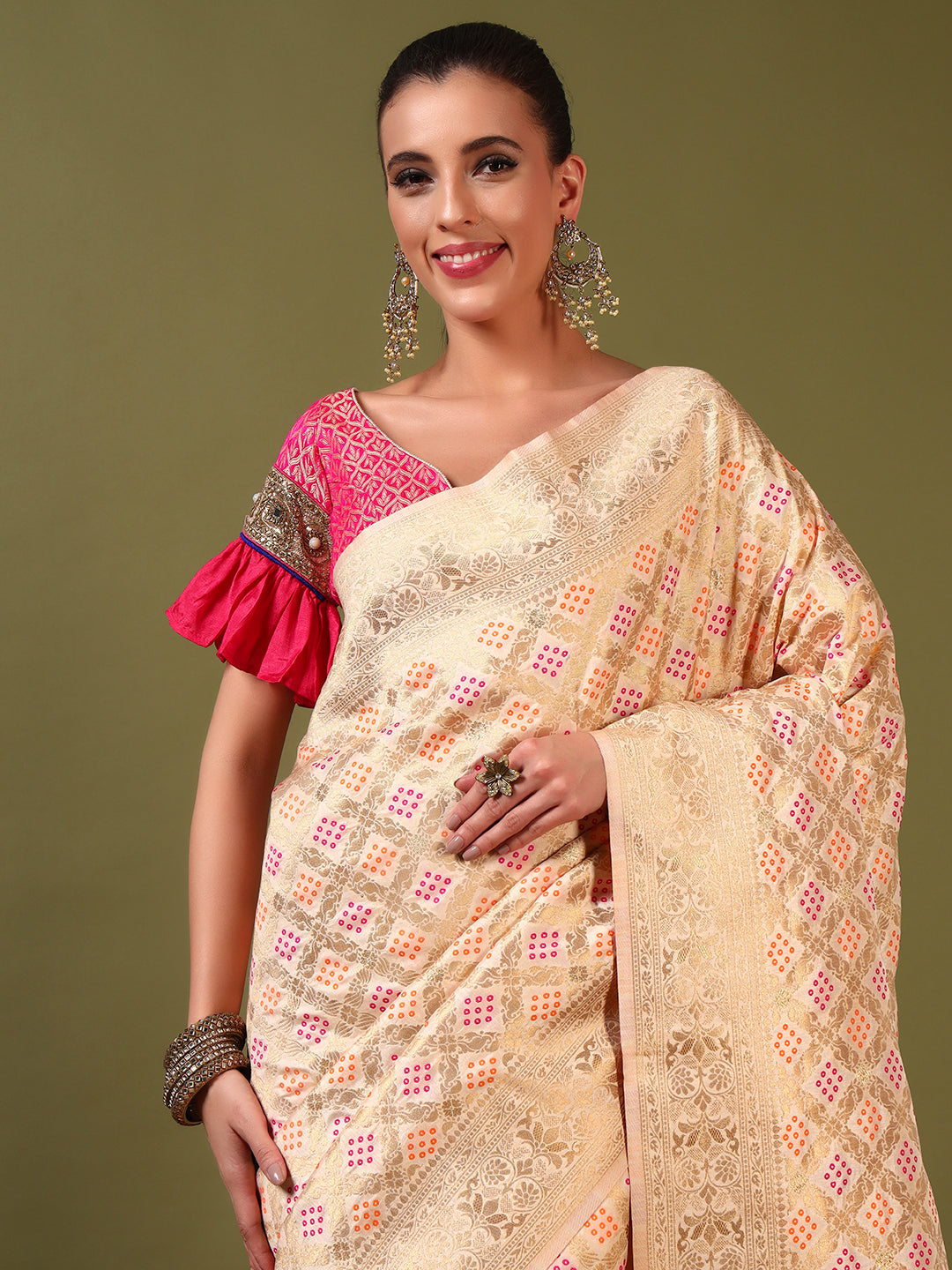 Banarasi Handloom Gharchola Saree with Golden Zari Meenakari Weaving & Jhalar Pallu
