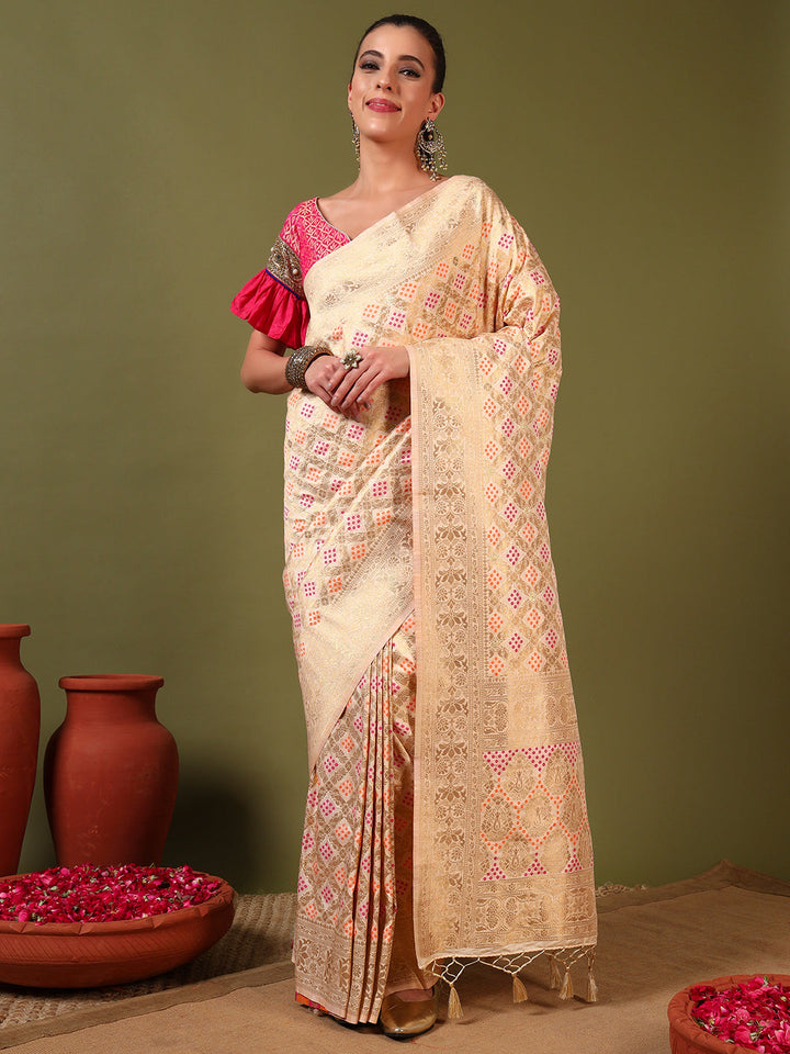 Banarasi Handloom Gharchola Saree with Golden Zari Meenakari Weaving & Jhalar Pallu