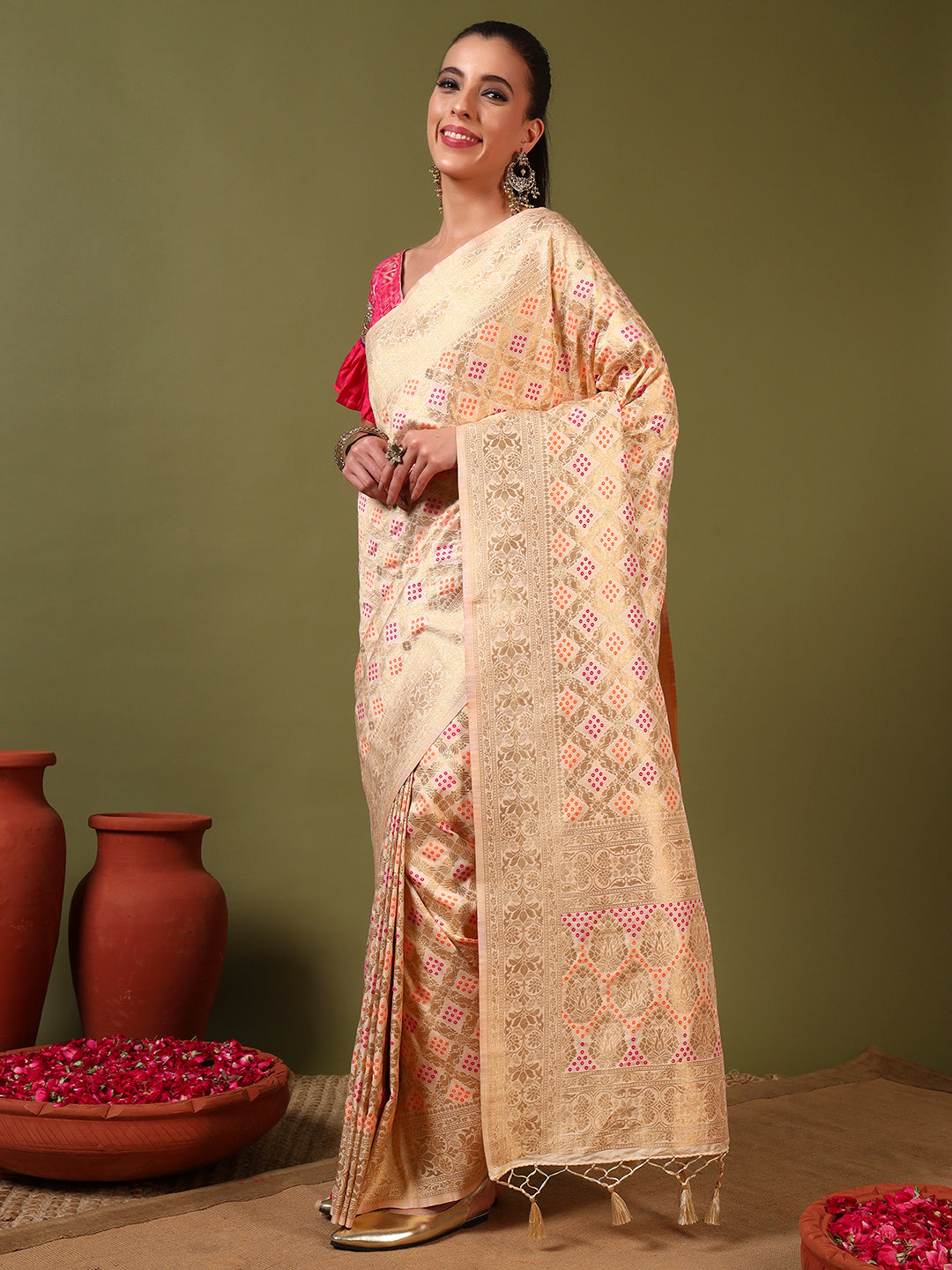 Banarasi Handloom Gharchola Saree with Golden Zari Meenakari Weaving & Jhalar Pallu