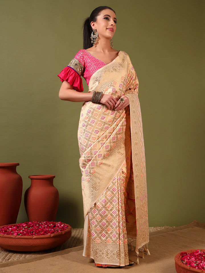 Banarasi Handloom Gharchola Saree with Golden Zari Meenakari Weaving & Jhalar Pallu