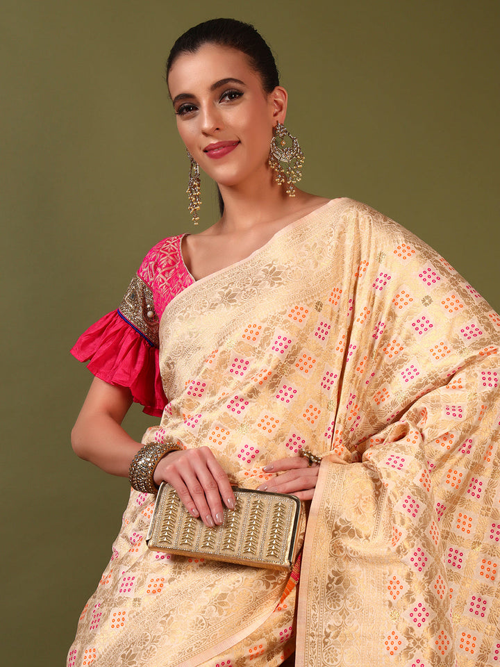 Banarasi Handloom Gharchola Saree with Golden Zari Meenakari Weaving & Jhalar Pallu