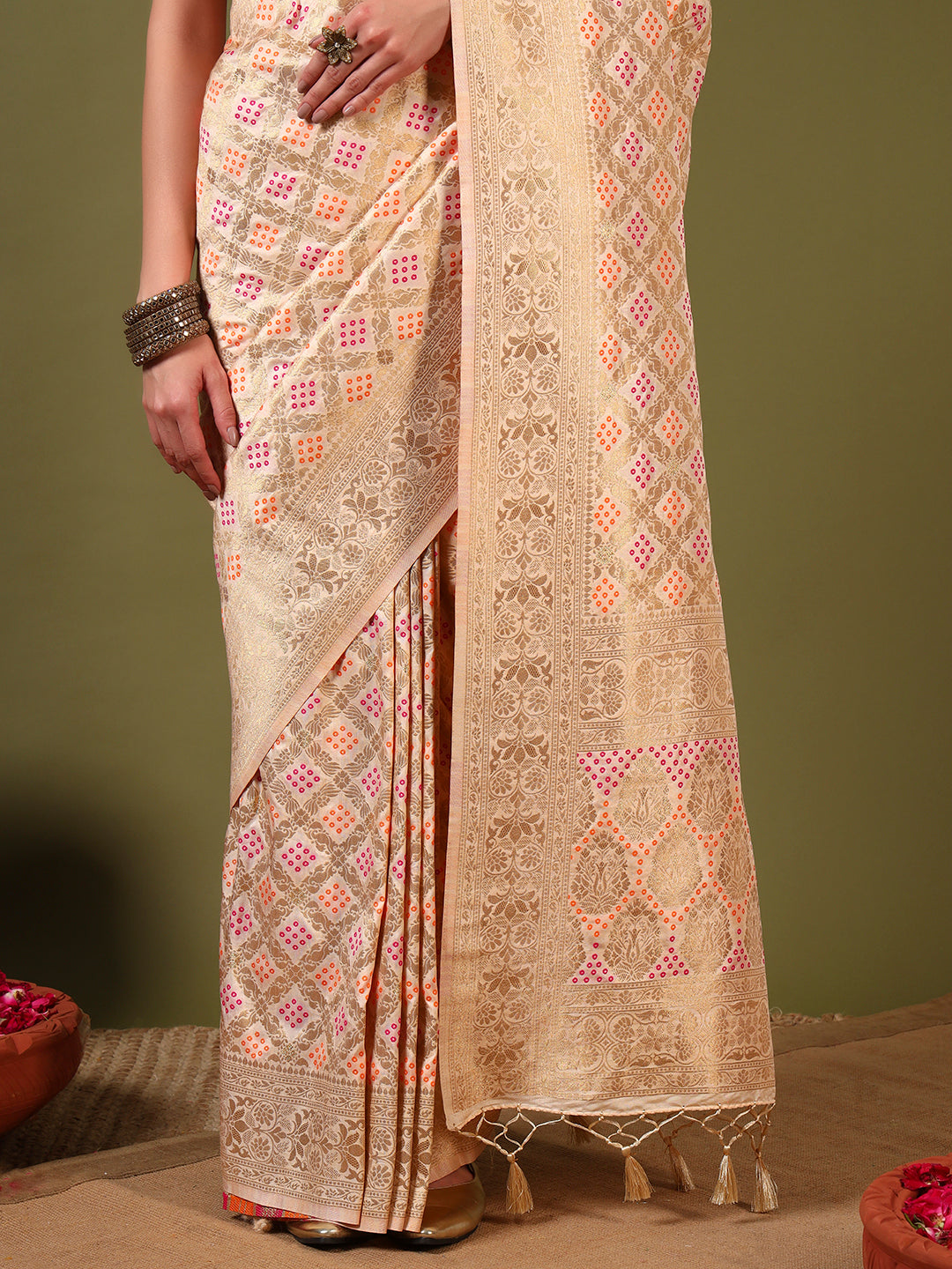 Banarasi Handloom Gharchola Saree with Golden Zari Meenakari Weaving & Jhalar Pallu