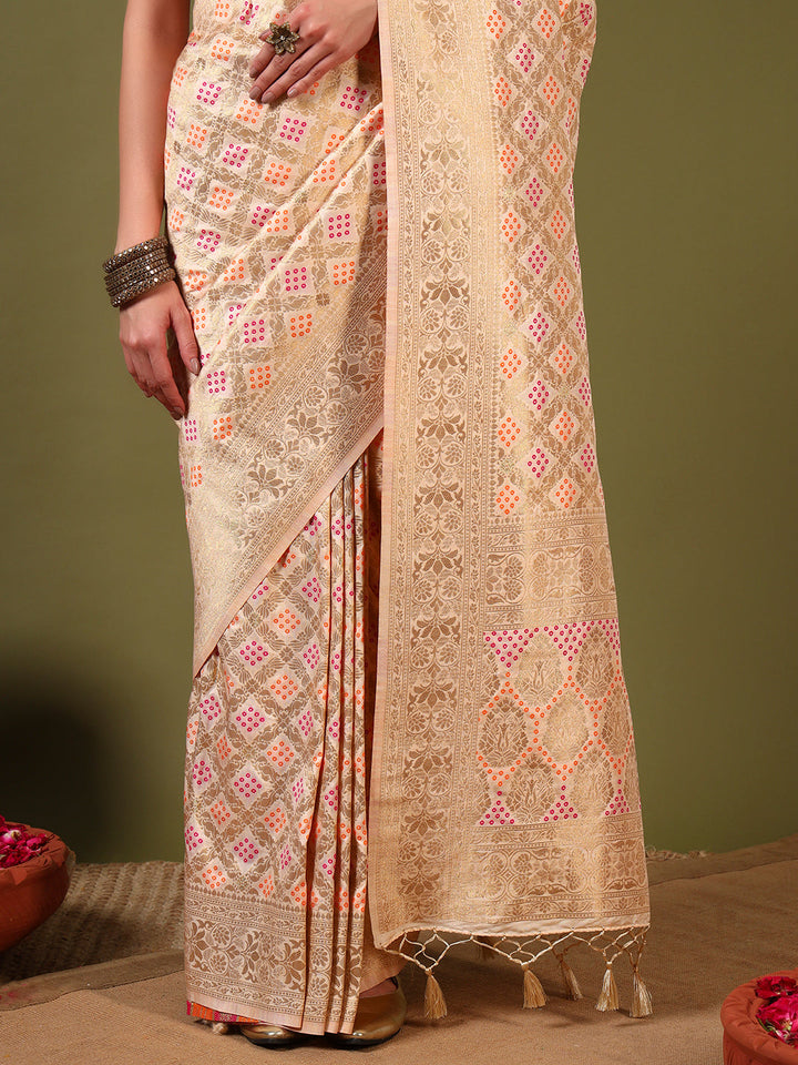 Banarasi Handloom Gharchola Saree with Golden Zari Meenakari Weaving & Jhalar Pallu