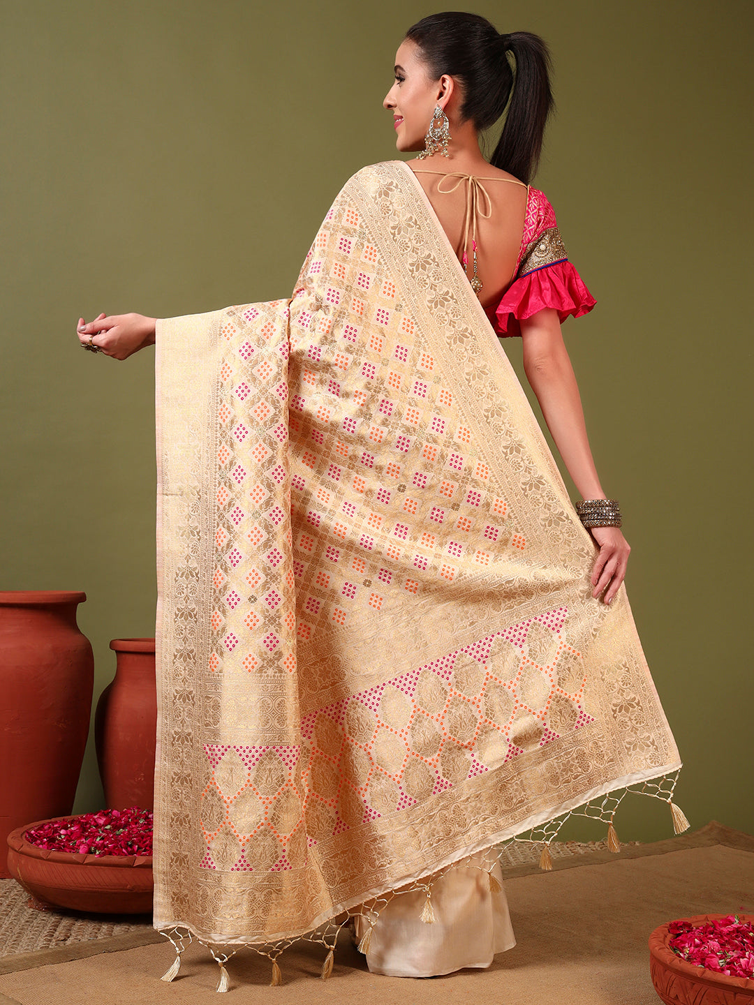 Banarasi Handloom Gharchola Saree with Golden Zari Meenakari Weaving & Jhalar Pallu
