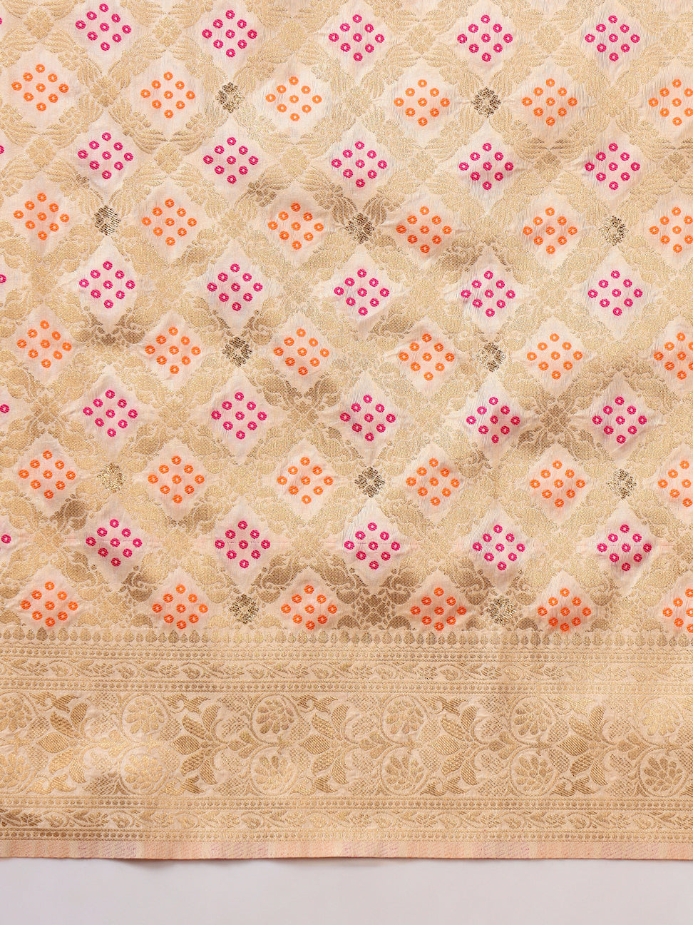 Banarasi Handloom Gharchola Saree with Golden Zari Meenakari Weaving & Jhalar Pallu