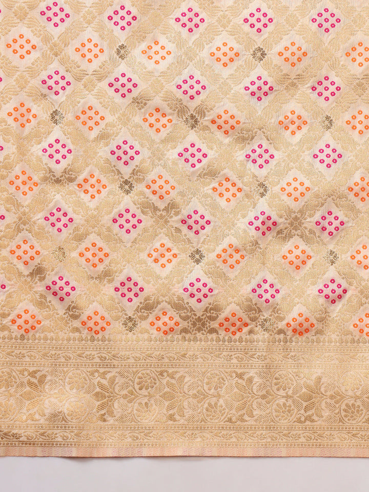 Banarasi Handloom Gharchola Saree with Golden Zari Meenakari Weaving & Jhalar Pallu