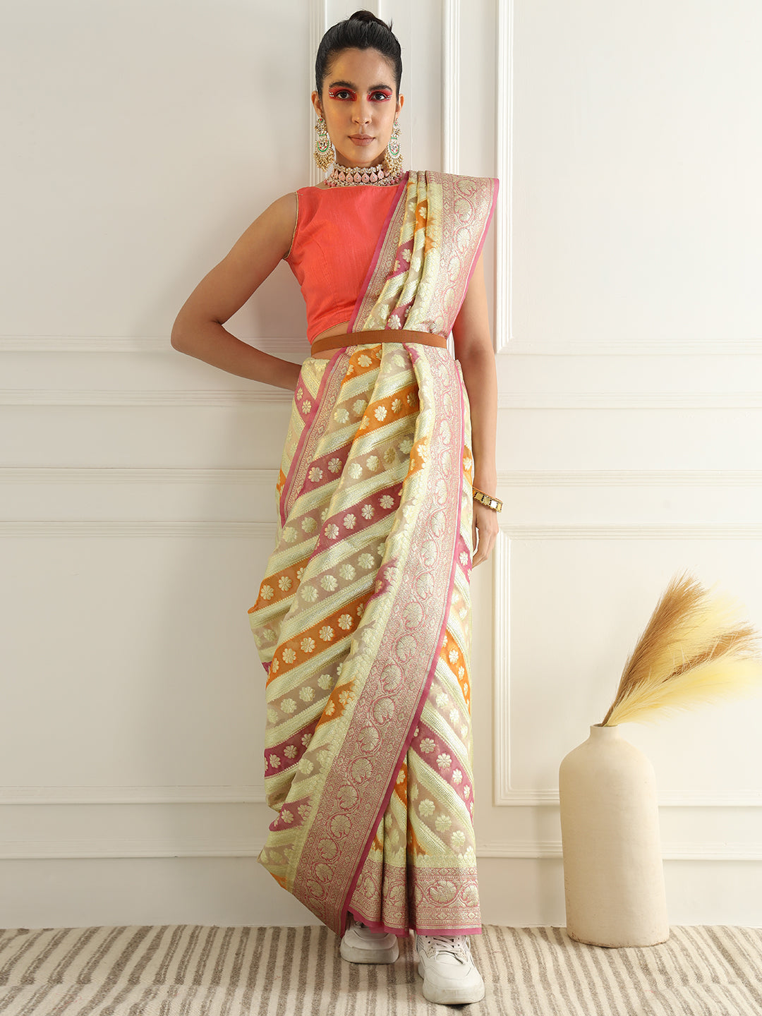Multicolor Striped Organza Saree with Intricate Floral Zari motifs