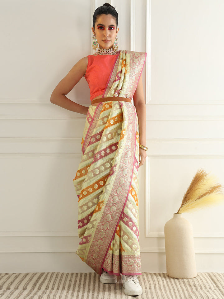 Multicolor Striped Organza Saree with Intricate Floral Zari motifs