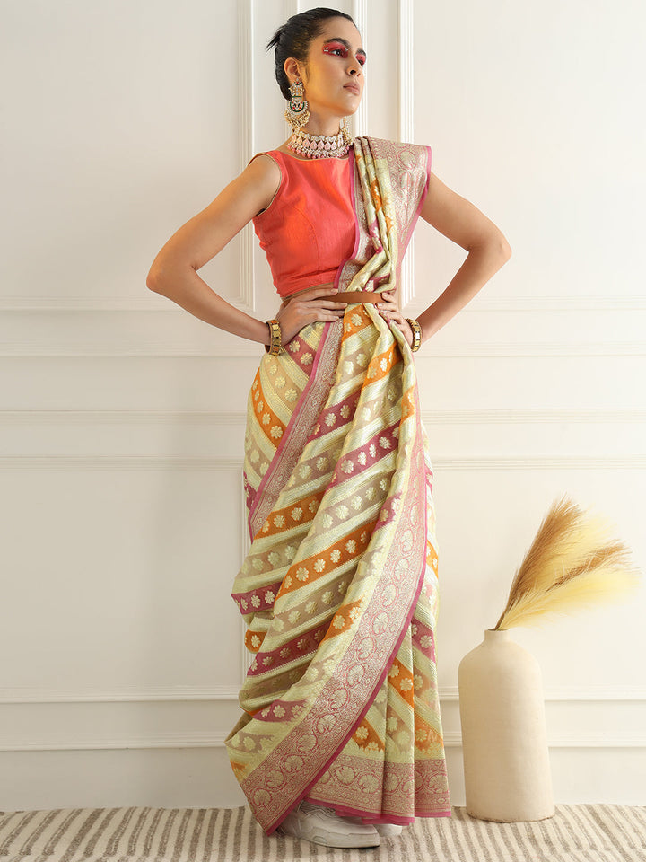 Multicolor Striped Organza Saree with Intricate Floral Zari motifs
