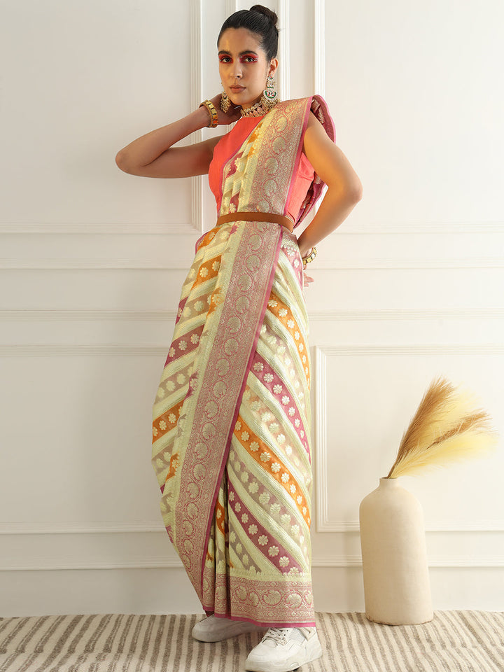 Multicolor Striped Organza Saree with Intricate Floral Zari motifs