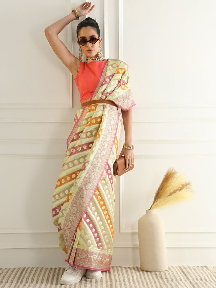 Multicolor Striped Organza Saree with Intricate Floral Zari motifs