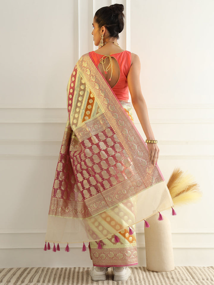 Multicolor Striped Organza Saree with Intricate Floral Zari motifs