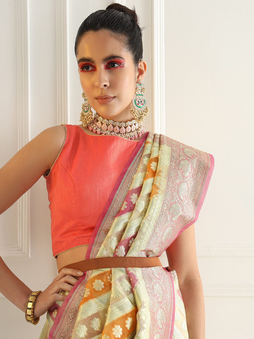 Multicolor Striped Organza Saree with Intricate Floral Zari motifs