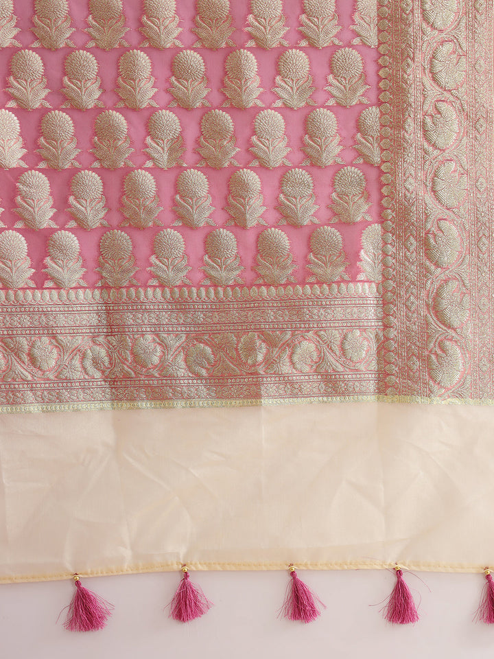 Multicolor Striped Organza Saree with Intricate Floral Zari motifs