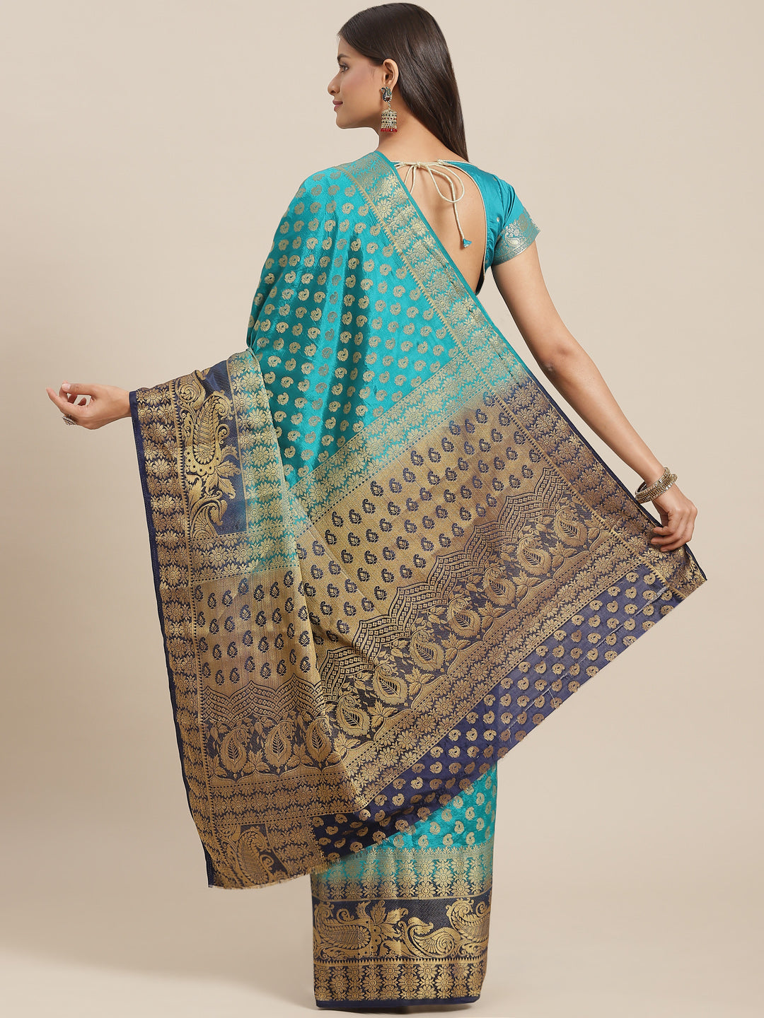Turquoise to Blue Ombre Banarasi Georgette Saree With Contrast Blouse