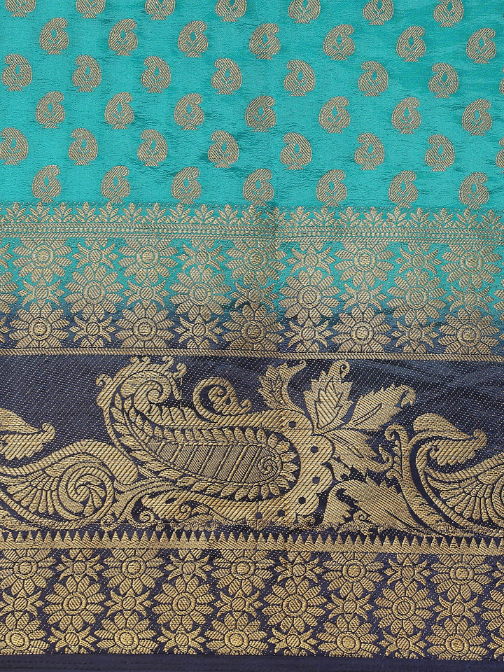 Turquoise to Blue Ombre Banarasi Georgette Saree With Contrast Blouse