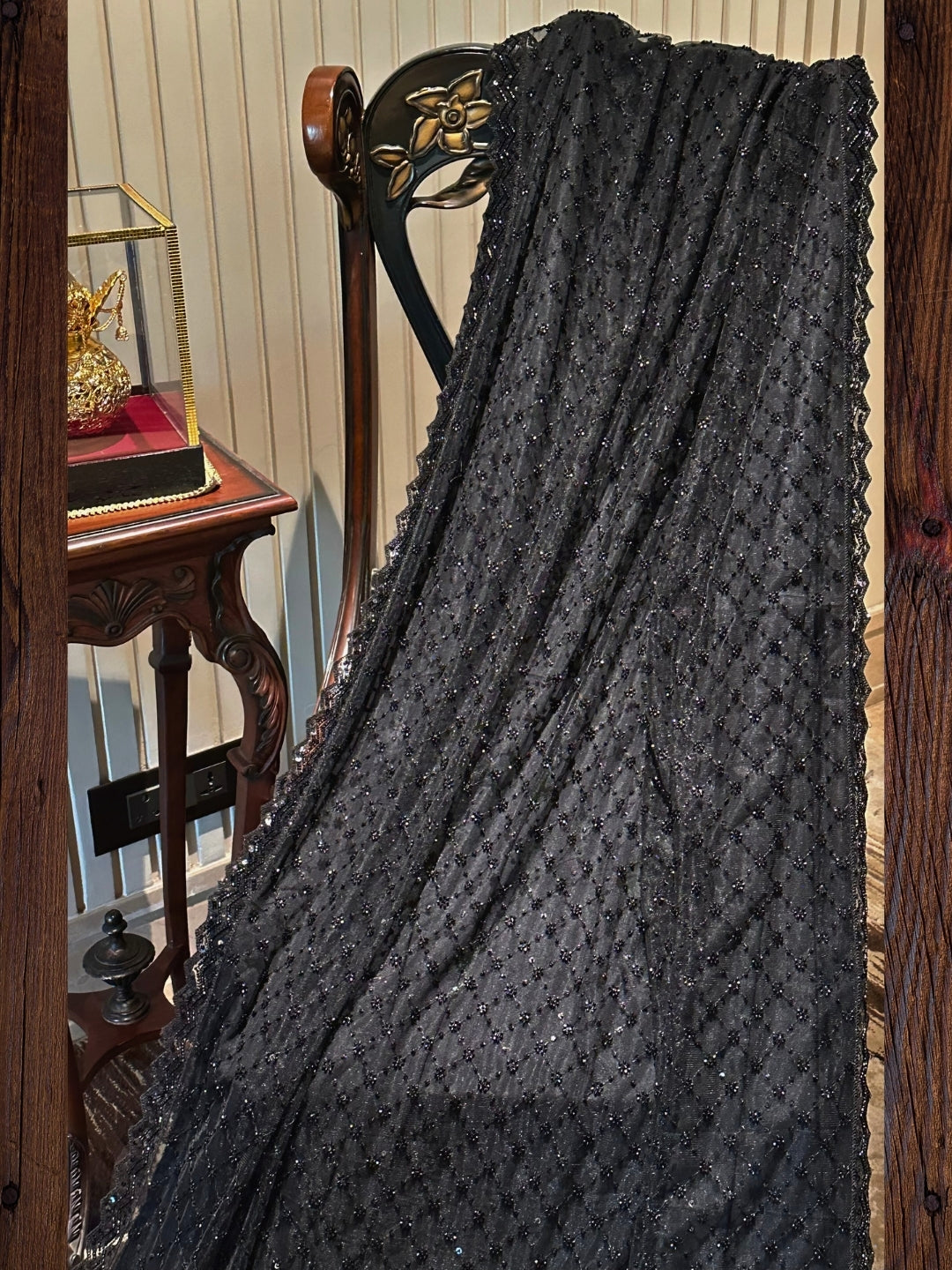 Black Sequin Embroidered Net Saree