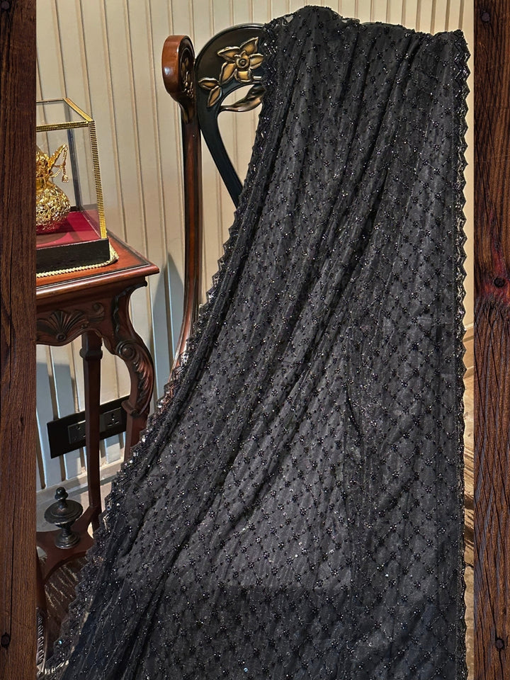 Black Sequin Embroidered Net Saree