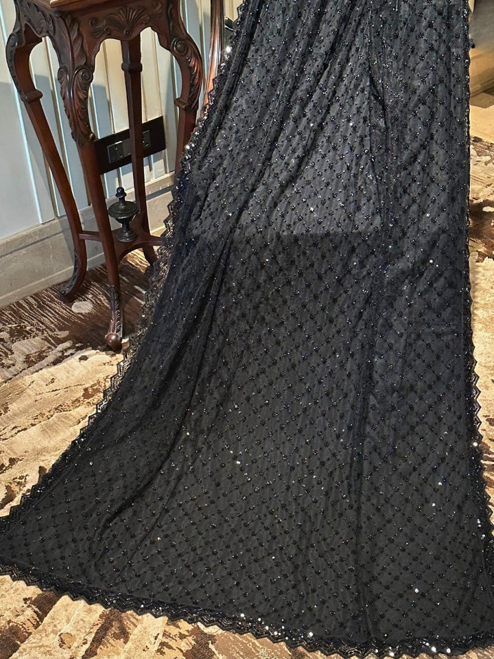 Black Sequin Embroidered Net Saree