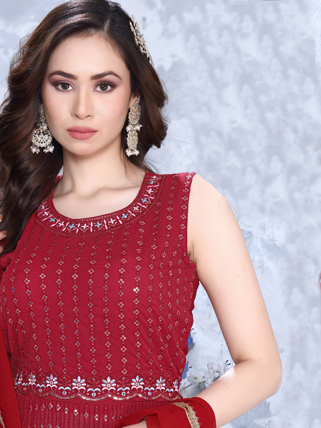 Resham & Sequin Embroidered Nyraa style Suit with Pleated Kurta