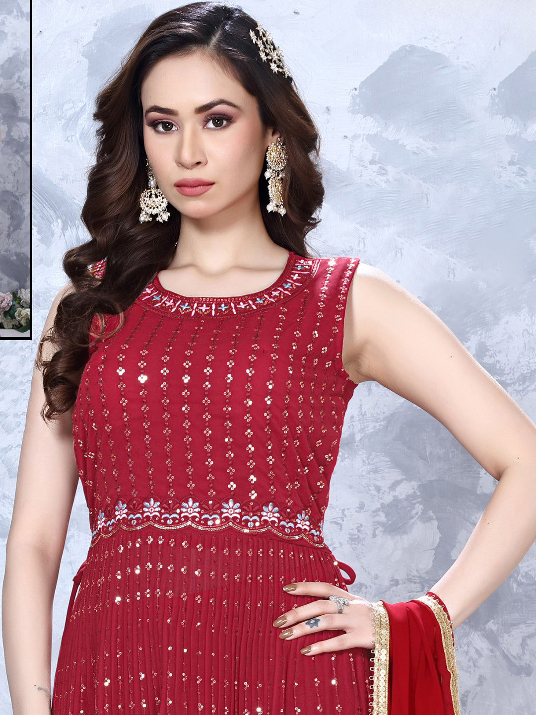 Resham & Sequin Embroidered Nyraa style Suit with Pleated Kurta