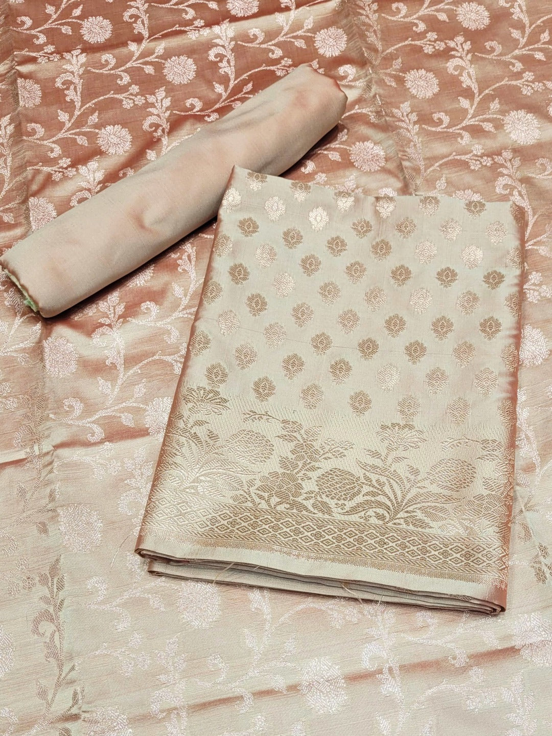 Chhabra 555 Two-toned Banarasi Silk Dress Material with Floral Woven Motifs & Jhalar dupatta