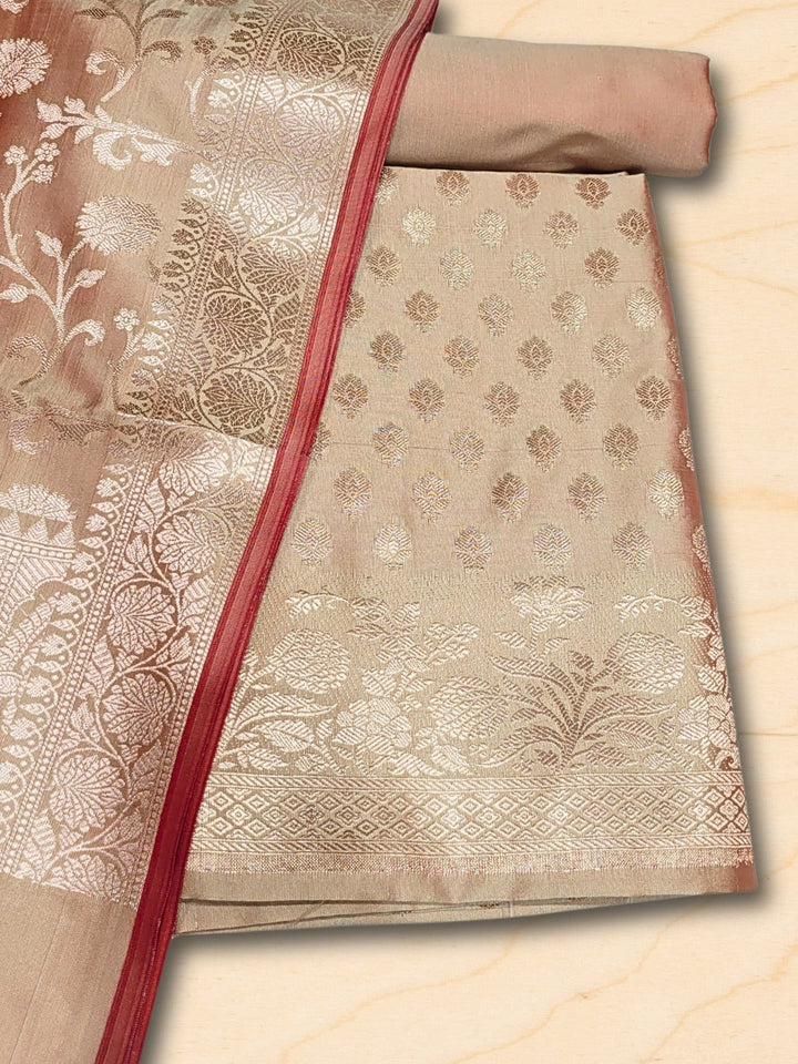 Two-toned Banarasi Silk Dress Material with Floral Woven Motifs & Jhalar dupatta