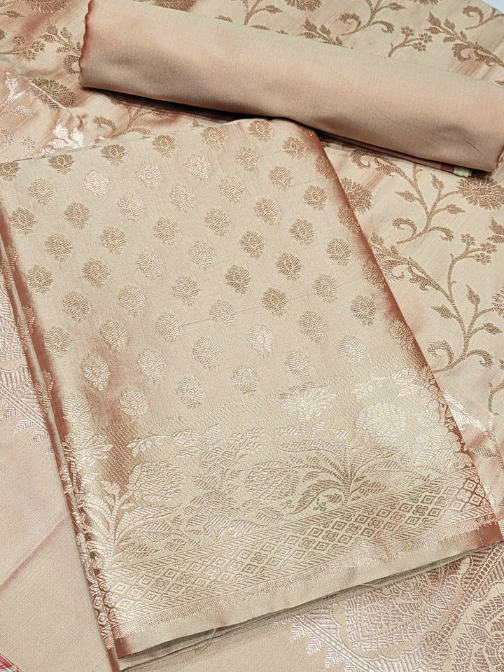 Two-toned Banarasi Silk Dress Material with Floral Woven Motifs & Jhalar dupatta
