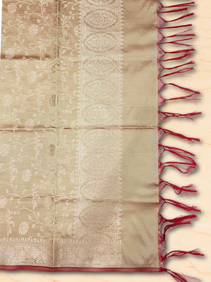 Two-toned Banarasi Silk Dress Material with Floral Woven Motifs & Jhalar dupatta