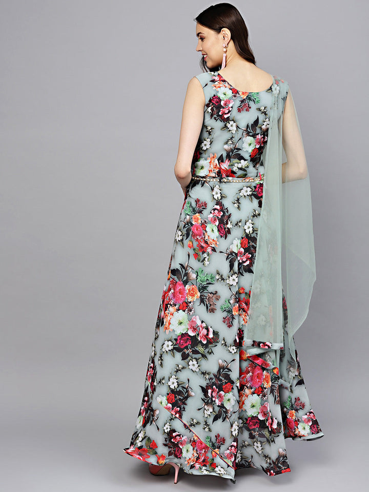 Georgette Floral Anarkali Cocktail Gown with matching Belt