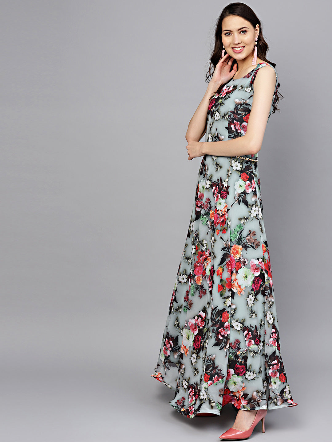 Georgette Floral Anarkali Cocktail Gown with matching Belt