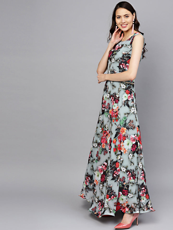 Georgette Floral Anarkali Cocktail Gown with matching Belt