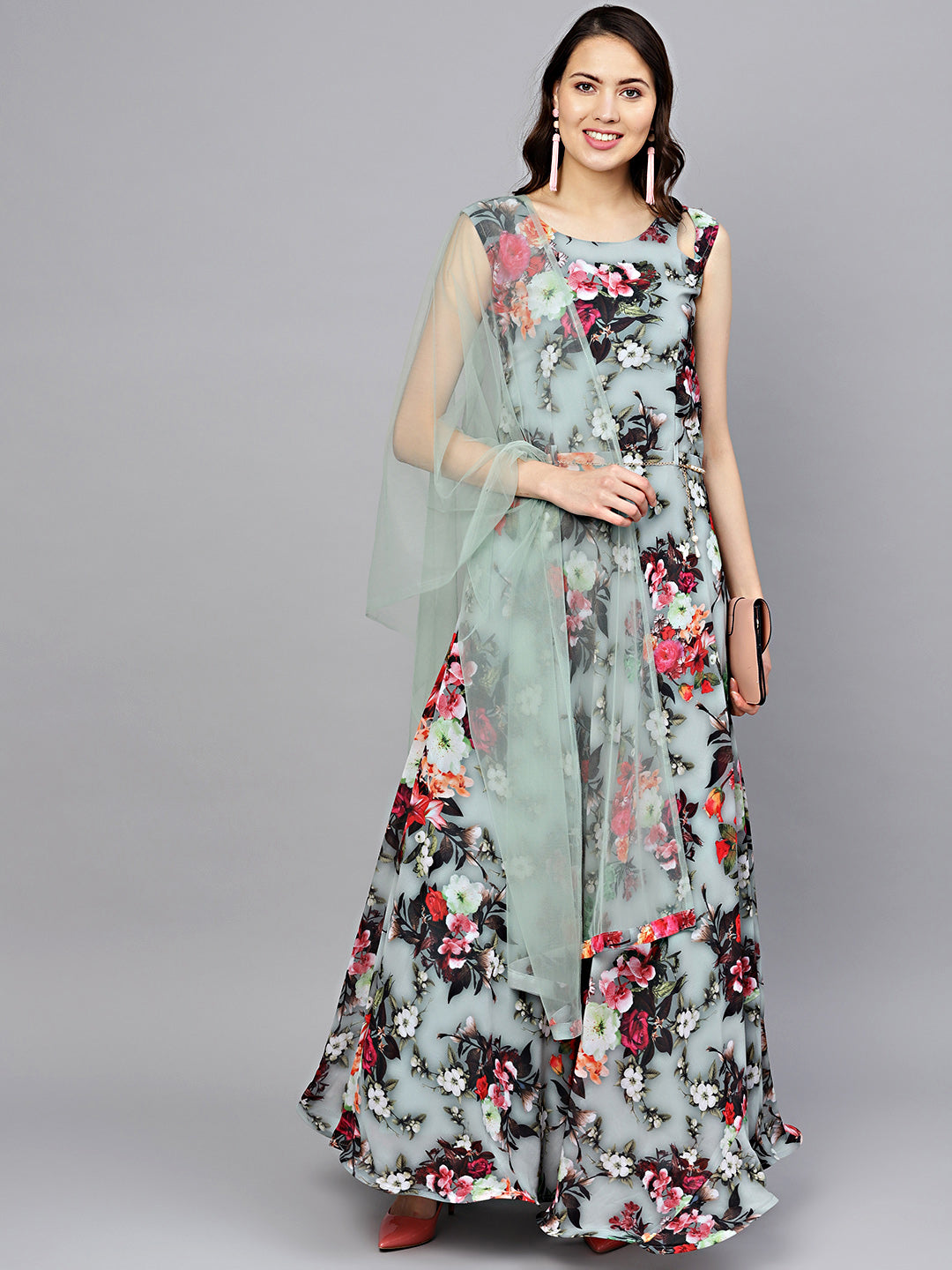 Georgette Floral Anarkali Cocktail Gown with matching Belt