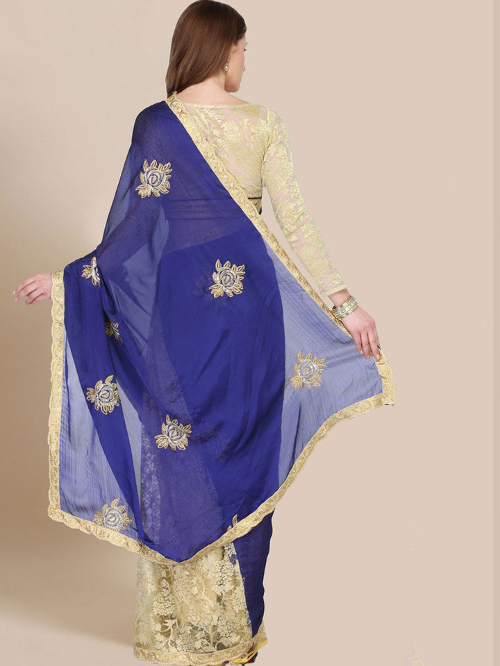 Beige & Blue Embroidered Net Half & Half Party Wear Saree