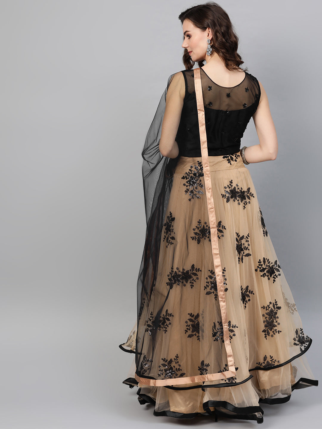 Applique Floral Embroidered Crop Top Lehenga Set with Ruffled Hemline