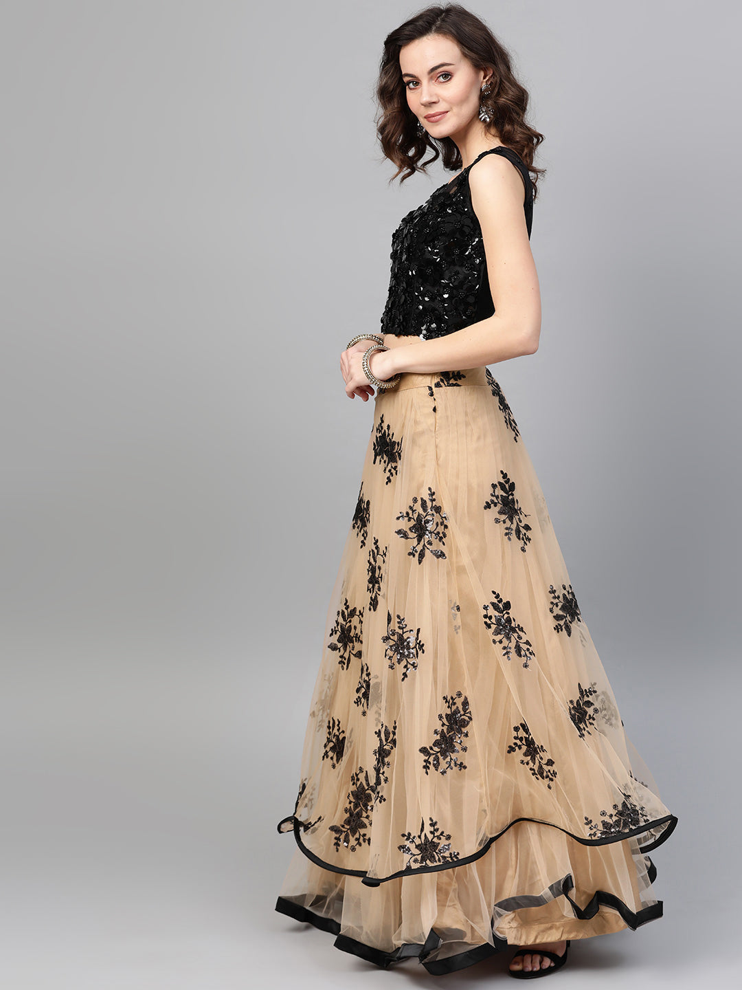 Applique Floral Embroidered Crop Top Lehenga Set with Ruffled Hemline